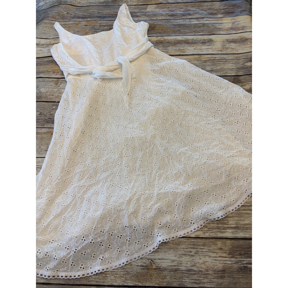 Vintage Maggy London Sz 12 White Cotton Eyelet Midi Dress Sleeveless Cottagecore